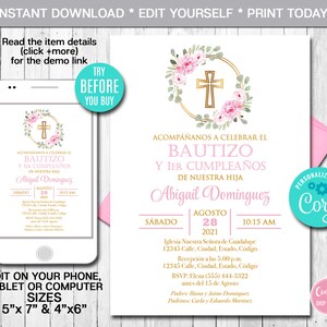 Bewerkbare doop uitnodiging Spaans meisje doop uitnodiging Bautizo roze en gouden bloemen afdrukbare Instant Download CORJL sjabloon