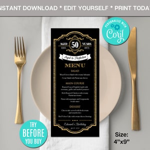 Bearbeitbares Geburtstagsmenü, gereift bis zur Perfektion, jedes Alter, Menükarte, Gold, druckbare Menüvorlage, Ruhestand, Geburtstag, Sofort-Download, CORJL