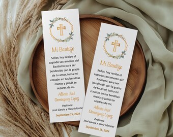 Modèle de marque-page de baptême modifiable : carte de prière de verdure espagnole (téléchargement instantané)