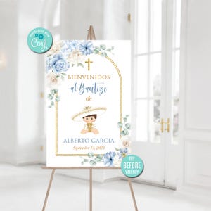 Editable Baptism Welcome Sign Template, Baby Boy Charro, Spanish Welcome Sign, Bautizo, Mexican Theme, Blue Flowers, Digital Download