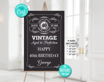 Editable Happy Birthday Sign Template, Aged To Perfection, ANY AGE, Whiskey Label Birthday Sign, Vintage Birthday Party, Instant Download