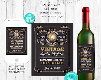 EDITABLE Wine Bottle Label, Aged to Perfection, Any Age, Gold, Whiskey Label, Instant Download, CORJL, Digital File