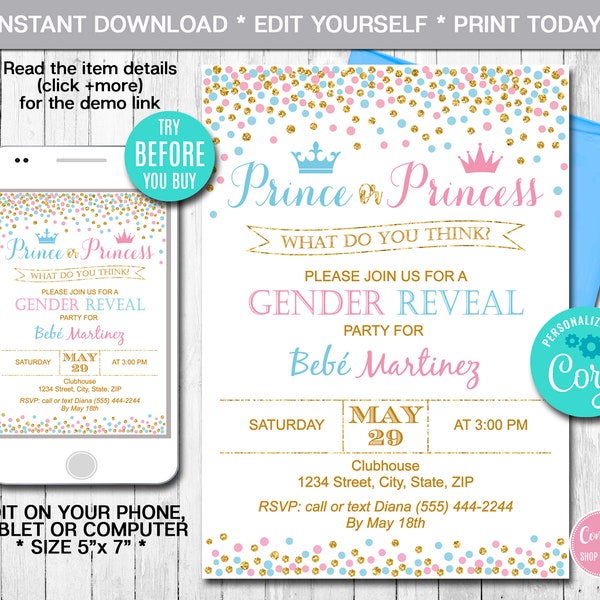 Editable Gender Reveal Party Invitation Prince or Princess Blue or Pink Boy or Girl He or She Confetti Printable Invitation Instant Download