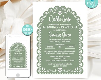 Invitacion Bautizo y 1er cumpleaños, dopinbjudan, redigerbar mall, mexikanskt Barro-tema, salvia grönbok Picado, Talavera blommor