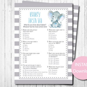 Babyshower-quizspel, pojke, elefant, babyshowerspel, blått och grått, akvarell elefant, utskrivbart, direktnedladdning, digital fil