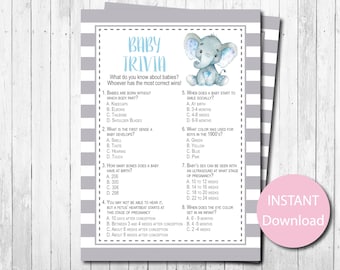 Juego de trivia para baby shower, niño, elefante, azul y gris, acuarela, imprimible, descarga instantánea, archivo digital