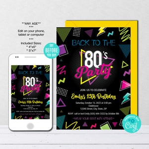 Editable 80's Birthday Invitation, Eighties Party Invitation, Retro Birthday Invitation,  Back to the 80's Party, Instant Download, CORJL
