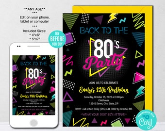 Editable 80s Birthday Invitation, Eighties Party Invitation, Retro Birthday Invitation,  Back to the 80's Party, Instant Download, CORJL