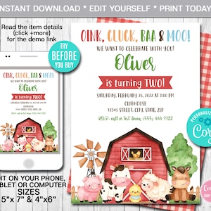 EDITABLE Farm Birthday Invitation, Farm Animals Birthday Invitation, Template Printable Barnyard Party Farm Animal, Instant Download, CORJL