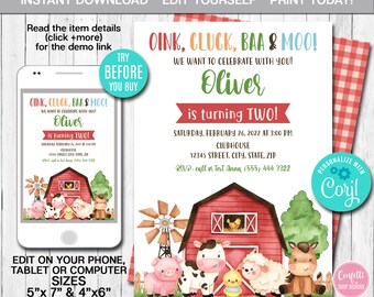 EDITABLE Farm Birthday Invitation, Farm Animals Birthday Invitation, Template Printable Barnyard Party Farm Animal, Instant Download, CORJL