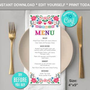Edytowalne meksykańskie menu, meksykańskie urodziny, meksykańskie kwiaty, karta menu, przyjęcie urodzinowe, szablon menu do druku, zrób to sam, natychmiastowe pobranie, CORJL