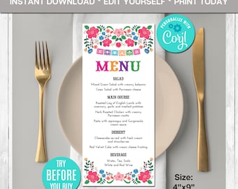Editable Mexican Menu, Mexican Birthday, Mexican Flowers, Menu Card, Birthday Party, Printable Menu Template, DIY, Instant Download, CORJL