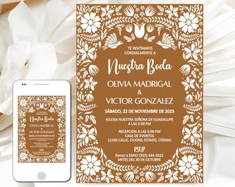 Puede incluir: Una invitación de boda con fondo marrón y diseño floral blanco. El texto dice "Nuestra Boda" con los nombres Olivia Madrigal y Victor Gonzalez, junto con la fecha, hora e información de RSVP. Un smartphone muestra el mismo diseño.
