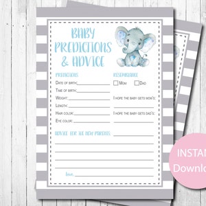 Olifant baby voorspellingen en advies kaart, INSTANT DOWNLOAD, jongen, olifant baby shower spel, blauw en grijs, afdrukbaar, digitaal bestand