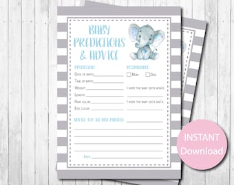 Elephant Baby Predictions and Advice Card, INSTANT DOWNLOAD, Boy, Elephant Baby Shower Game, Blue and Gray, Printable, Digital File