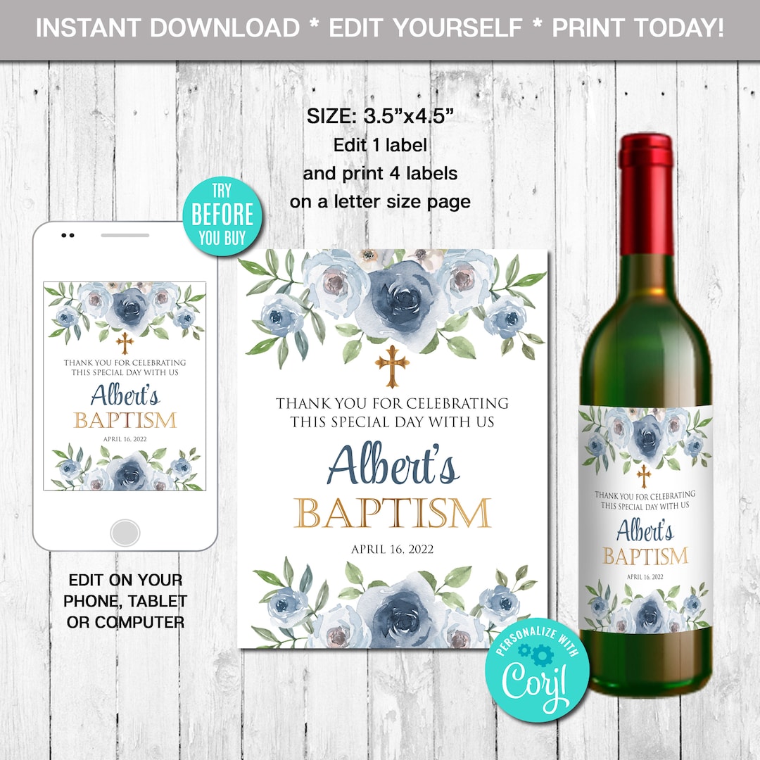 EDITABLE Baptism Wine Label, Christening Wine Labels, Printable Wine Labels Baptism Bottle