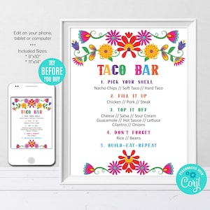 Bearbeitbares Taco Bar Menü Schild, Fiesta Party Menü, Mexikanische Party, Mexikanische Blumen Thema, Benutzerdefiniertes Schild, Sofort Download, Party Dekoration, CORJL