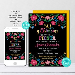 Editable Mexican Fiesta Birthday Invitation, Spanish, Any Age, Fifty and Fabulous Invitation, INSTANT download, CORJL, DIY, Printable
