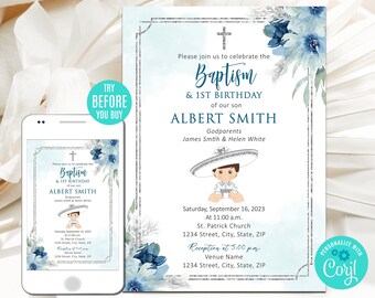 Editable Baptism Invitation, Boy, Silver Charro Boy Baptism Invitation, Mexico Theme Invite, Blue Floral Invitation, Instant Download, CORJL