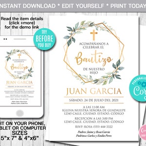 Editable Baptism Invitation, Boy, Spanish, Greenery, Gold, Christening Invitation, Printable Invitation, Instant Download, Digital, Corjl
