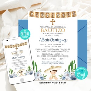 Convite Editável de Batismo Menino Espanhol Charro Convite de Batismo Mexicano Batismo e Primeiro Aniversário Flores Azuis Download Instantâneo CORJL