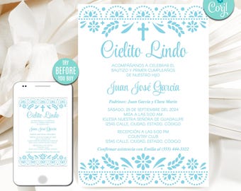 Cielito Lindo Blue Baptism Invitation, Boy, Editable Template, Blue Mexican Barro Theme, Talavera Flowers, Digital Download, CORJL