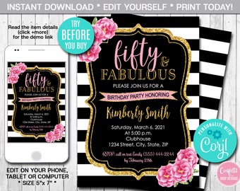 Editable fifty and Fabulous Birthday Invitation 50th Birthday Invitation Any Age Floral Birthday Invitation Printable Instant Download CORJL