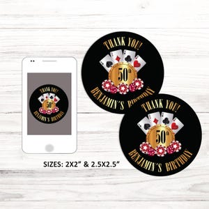 Plantilla de calcomanía de agradecimiento de noche de casino editable, etiqueta de regalo de fiesta de cumpleaños, etiqueta de regalo con temática de casino, etiqueta adhesiva, descarga instantánea, CORJL