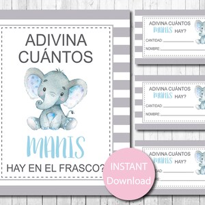 Spagnolo Quante arachidi ci sono nel barattolo Gioco Segno e risposta Scheda Bambino Elefante blu e grigio Baby Shower Safari Download immediato Stampabile