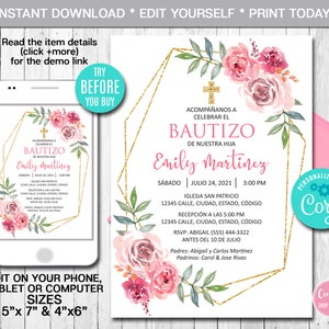 Convite de batismo editável para menina, batismo floral espanhol, convite de batizado, convite de primeira comunhão, download instantâneo, para impressão, CORJL