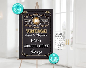 May include: Black and gold 40th birthday sign with the text "Vintage Aged to Perfection Happy 40th Birthday George". The sign also includes the text "Limited Edition Aged Est. 1984 Years Premium Quality" and a list of 6 sizes included: 8"x10", 11"x14", 16"x20", 18"x24", 20"x30", 24"x36".