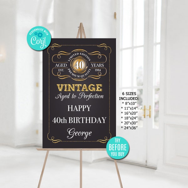 Editable Aged to Perfection Happy Birthday Sign, Any Age, Birthday Party Welcome Sign, Gold Whiskey Label, Party Decor, DIY Instant Download