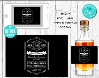 EDITABLE Mini Liquor Bottle Label, Aged to Perfection, Vintage, Any Age, Silver, Whiskey Label, Instant Download CORJL, Retirement, Birthday