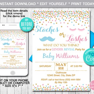 Editable Gender Reveal Invitation Staches or Lashes Blue or Pink, Boy or Girl He or She Confetti Baby Shower Printable Instant Download