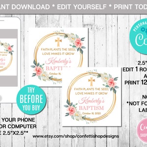 EDITABLE Baptism Favor Tag, Girl, Christening Gift Tag, Baptism Tag, Printable, Flowers, Favor Thank You Tag, Instant Download, Digital File