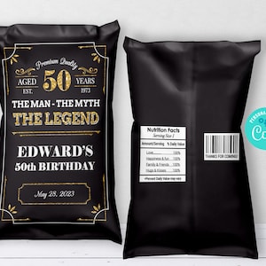 Editable Birthday Chip Bag Wrapper The Man The Myth The Legend Chip Bag Vintage Birthday Party Favor Tag Gift tag Whiskey Instant Download