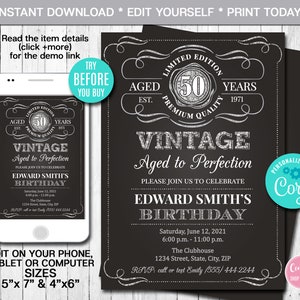 Editable Aged to Perfection Birthday Invitation, ANY AGE, Silver, Whiskey Label Birthday Invitation, Vintage Birthday Party Instant Download