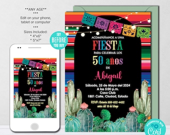 Editable Mexican Fiesta Party Invitation, Spanish Cactus Birthday Invite, Serape, Cinco de Mayo Celebration, Instant Download Template CORJL
