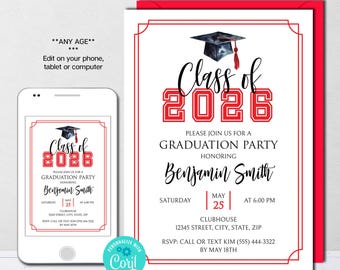EDITABLE Graduation Party Invitation Template, Class of 2026, Red Grad Party Invite, Graduation Announcement Invite, Instant Download
