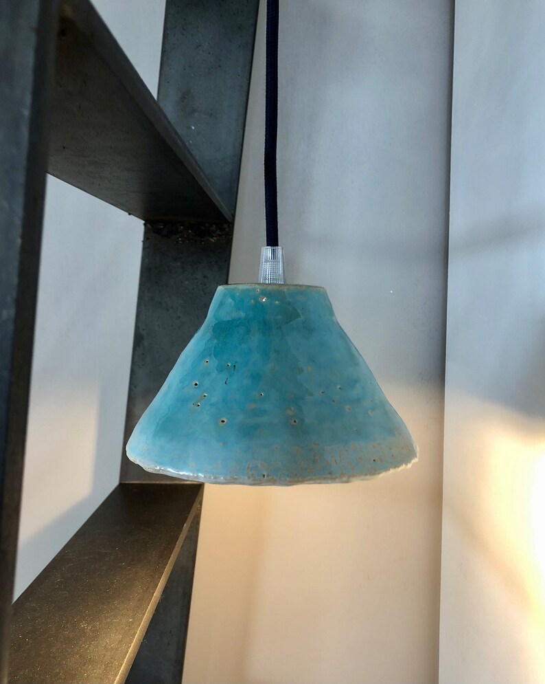 Pair of portable lamps/blue enamelled stoneware pendant lights image 4