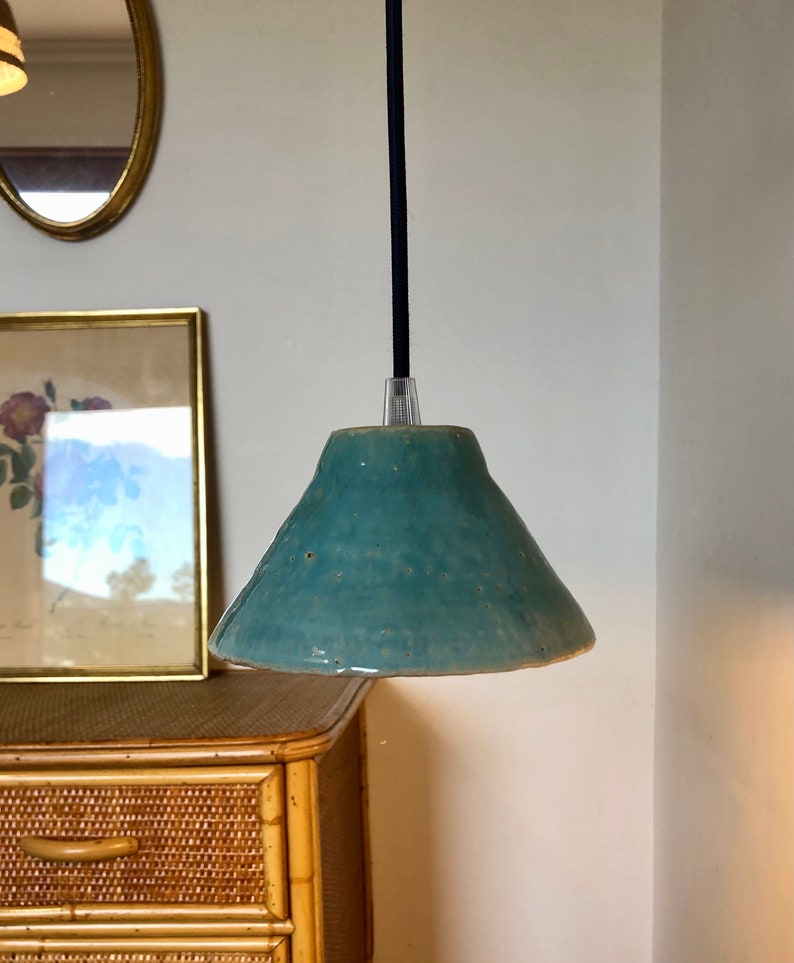 Pair of portable lamps/blue enamelled stoneware pendant lights image 10