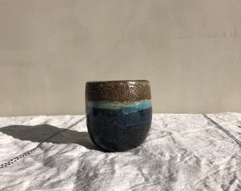 Decorated and enameled black stoneware mug. Gift idea. Unique piece