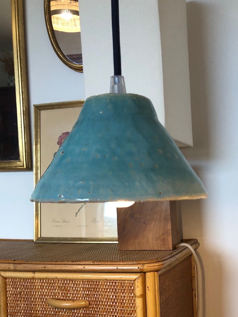 Pair of portable lamps/blue enamelled stoneware pendant lights image 6