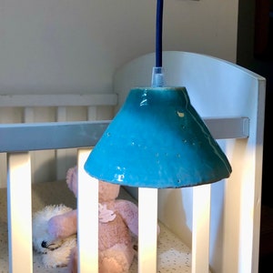 Pair of portable lamps/blue enamelled stoneware pendant lights image 3