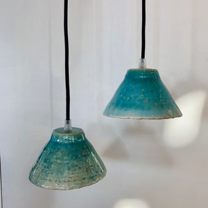 Pair of portable lamps/blue enamelled stoneware pendant lights image 1
