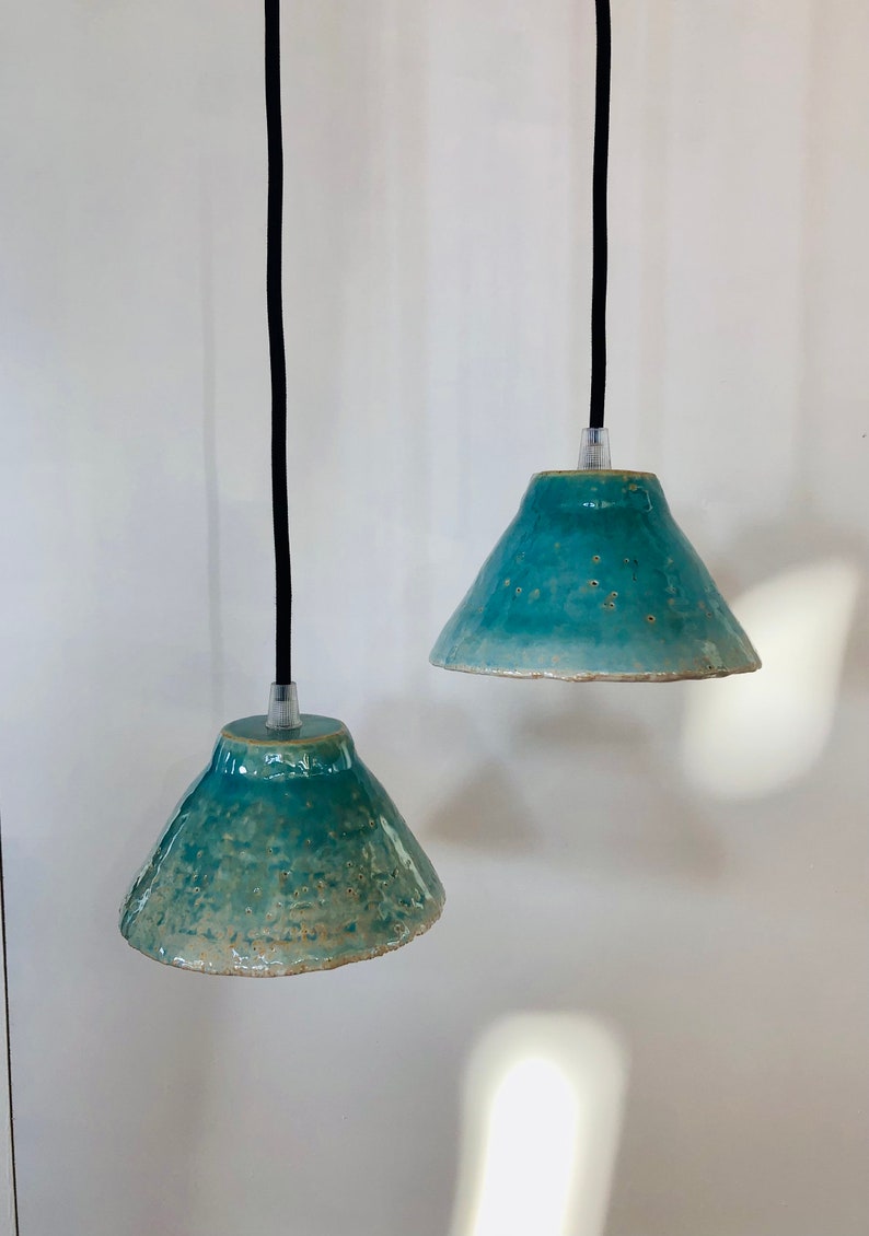 Pair of portable lamps/blue enamelled stoneware pendant lights image 1