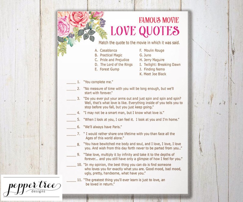 Pink Roses Famous Movie Love Quotes Cards Bridal Shower Etsy