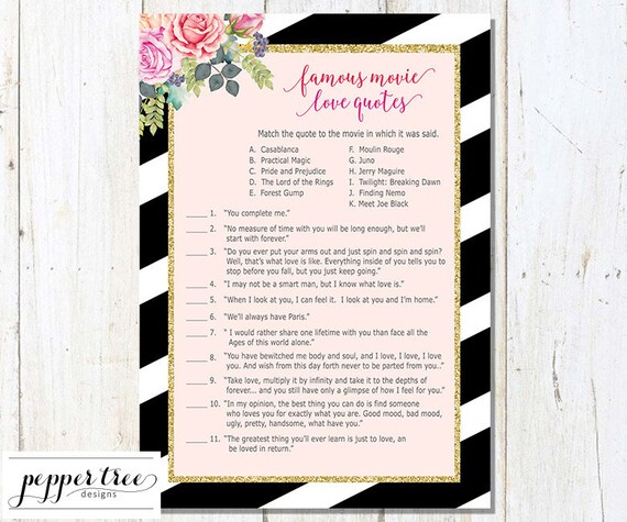 Famous Movie Love Quotes Cards Floral Theme Bridal Shower