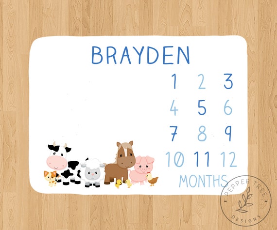 Farm Animal Milestone Blanket Boy - Monthly Milestone Blanket for Baby - Baby Shower Gift - Milestone Growth Blanket cow horse sheep pig Il_570xn