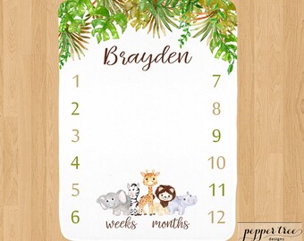 Safari Animals Monthly Milestone Blanket for Baby Boy - Baby Shower Gift - Milestone Growth Blanket giraffe elephant hippo zebra lion